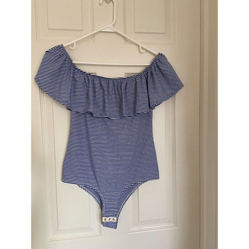Off the shoulders J. Crew Blue and White Bodysuit (Small)